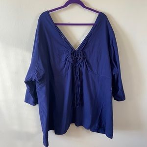 Navy Blue Beaded VNeck Low Back  Top Plus Size 5X Women's Casual Denim 24/7 Boho